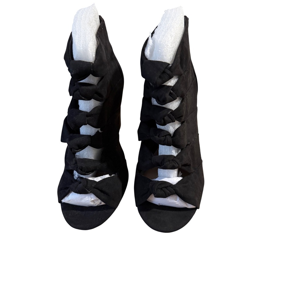 Black Suede‎ Bow Gladiator Heels Open Toe Zipper Ankle Boots Women's Size 8.5